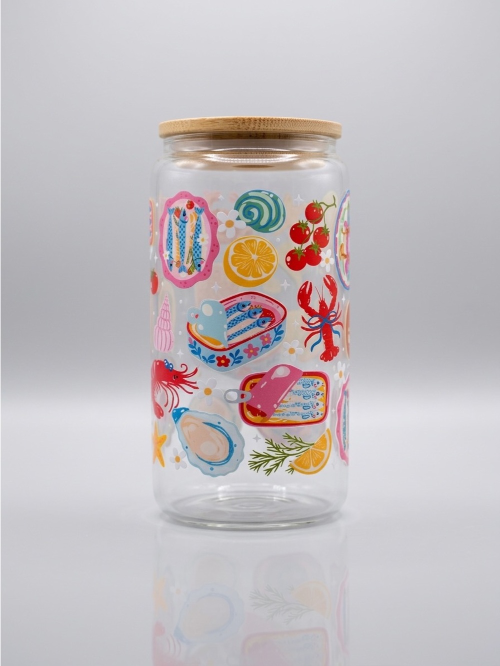 Glass Storage Jar with Bamboo Lid - Colorful Seafood Print